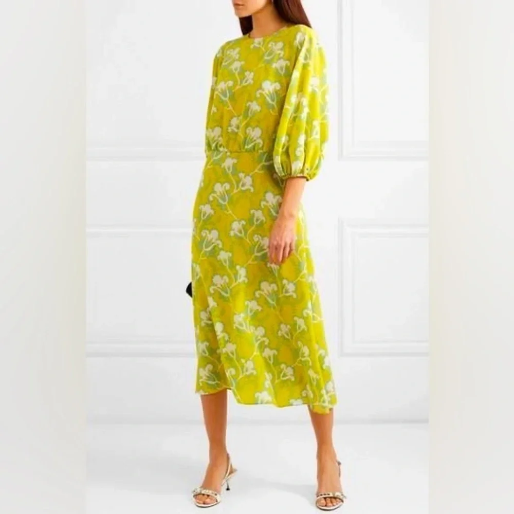 Valentino Floral-print Silk-crepe Midi Dress In Chartreuse - Picture 1 of 6